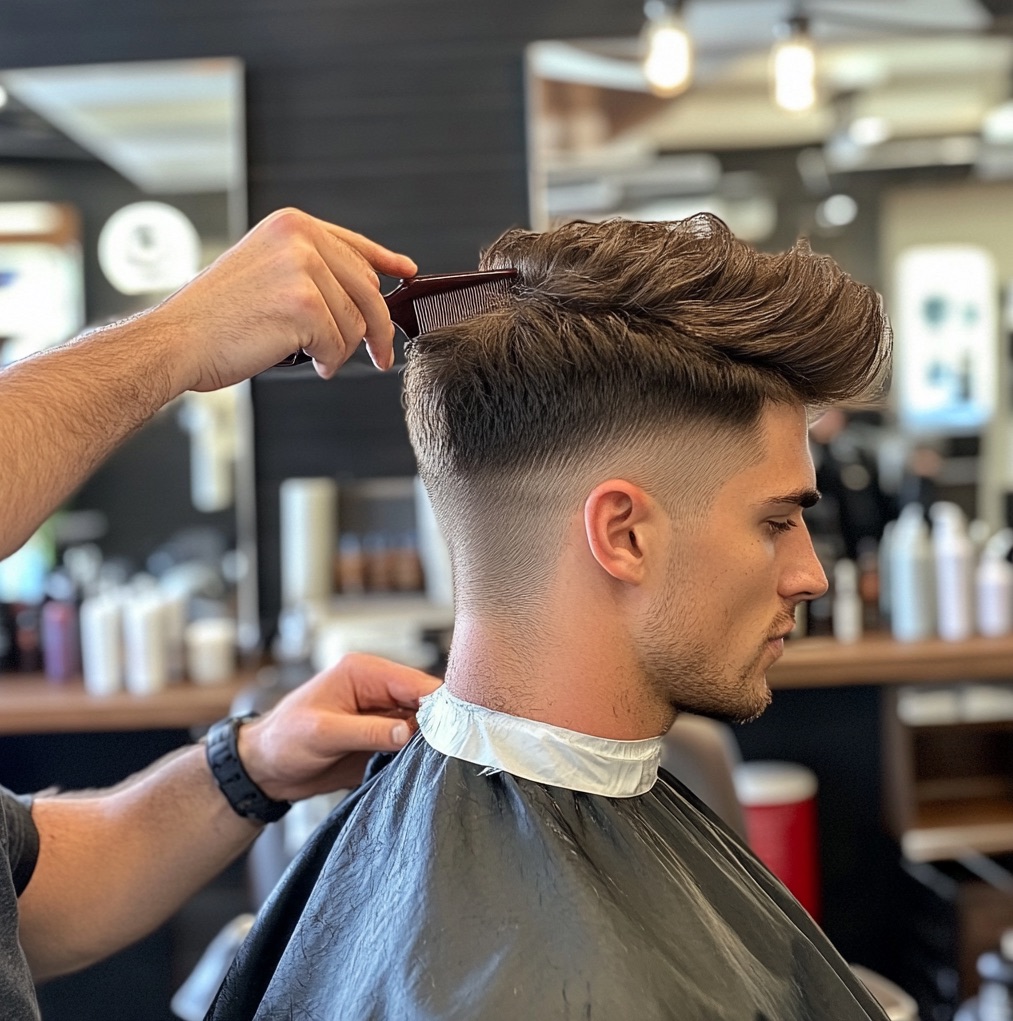 Męska fryzura Faux Hawk z fade na bokach i teksturowanym pasem na górze
