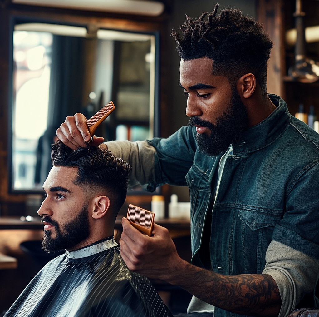 image showing a barber demonstrating to a client how to style hair 